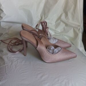 Top Moda Nude Wrap Up Lace Up Pumps Embellished Heels Sz 10